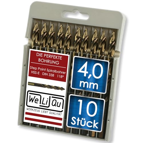 WELIQU 10 Stück HSS-E Kobalt Step Point Spiralbohrer Ø 4,0 mm, geschliffene, selbstzentrierende Metallbohrer, 118° für Stahl, Edelstahl, Aluminium, Messing, Bronze, Gusseisen, Hartholz, Kunststoff WELIQU 10 Stück HSS-E Kobalt Step Point Spiralbohrer Ø 4,0 mm, geschliffene, selbstzentrierende Metallbohrer, 118° für Stahl, Edelstahl, Aluminium, Messing, Bronze, Gusseisen, Hartholz, Kunststoff von WeLiQu