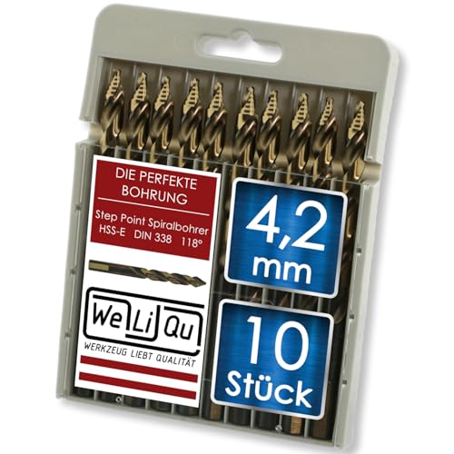 WELIQU 10 Stück HSS-E Kobalt Step Point Spiralbohrer Ø 4,2 mm, geschliffene, selbstzentrierende Metallbohrer, 118° für Stahl, Edelstahl, Aluminium, Messing, Bronze, Gusseisen, Hartholz, Kunststoff WELIQU 10 Stück HSS-E Kobalt Step Point Spiralbohrer Ø 4,2 mm, geschliffene, selbstzentrierende Metallbohrer, 118° für Stahl, Edelstahl, Aluminium, Messing, Bronze, Gusseisen, Hartholz, Kunststoff von WeLiQu