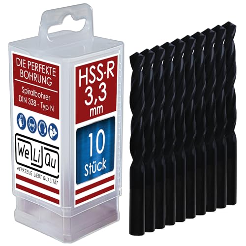 WELIQU 10 Stück HSS-R Spiralbohrer Ø 3,3 mm, rollgewalzte Metallbohrer für Stahl, Alu, Messing, NE Metall, Guss, PVC von WeLiQu