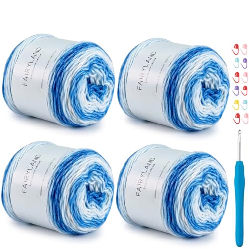Garn zum Häkeln, Farbverlauf, Kuchengarn, Ombré mit lebendigen Farben, 4 x 100 g, 60 % Baumwolle, 30 % Acryl, 10 % Wolle, bunte, weiche Regenbogen-Baumwolle, perfekt für Schals, Pullover und Decken Garn zum Häkeln, Farbverlauf, Kuchengarn, Ombré mit lebendigen Farben, 4 x 100 g, 60 % Baumwolle, 30 % Acryl, 10 % Wolle, bunte, weiche Regenbogen-Baumwolle, perfekt für Schals, Pullover und Decken von Weabetfu