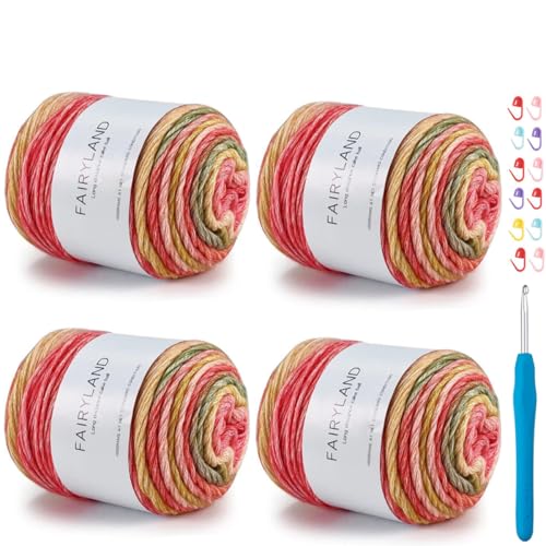 Garn zum Häkeln, Farbverlauf, Kuchengarn, Ombré mit lebendigen Farben, 4 x 100 g, 60 % Baumwolle, 30 % Acryl, 10 % Wolle, bunte, weiche Regenbogen-Baumwolle, perfekt für Schals, Pullover und Decken Garn zum Häkeln, Farbverlauf, Kuchengarn, Ombré mit lebendigen Farben, 4 x 100 g, 60 % Baumwolle, 30 % Acryl, 10 % Wolle, bunte, weiche Regenbogen-Baumwolle, perfekt für Schals, Pullover und Decken von Weabetfu