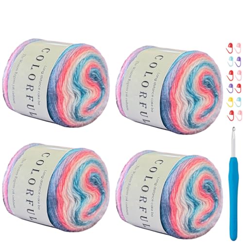 Garn zum Häkeln, Farbverlauf, Kuchengarn, Ombré mit lebendigen Farben, 4 x 100 g, 60 % Baumwolle, 30 % Acryl, 10 % Wolle, bunte, weiche Regenbogen-Baumwolle, perfekt für Schals, Pullover und Decken Garn zum Häkeln, Farbverlauf, Kuchengarn, Ombré mit lebendigen Farben, 4 x 100 g, 60 % Baumwolle, 30 % Acryl, 10 % Wolle, bunte, weiche Regenbogen-Baumwolle, perfekt für Schals, Pullover und Decken von Weabetfu