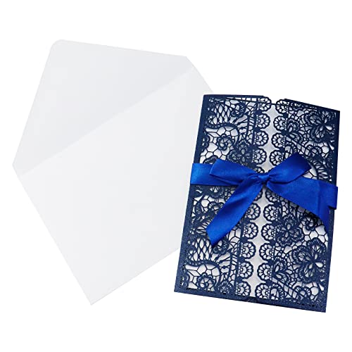 Wealrit 10 Stück lasergeschnittene Hochzeitseinladungskarten mit marineblauen Umschlägen, Einladungstaschen mit bedruckbaren Innenblättern mit blauen Bändern für Geburtstag, Verlobung, 10 Stück von Wealrit