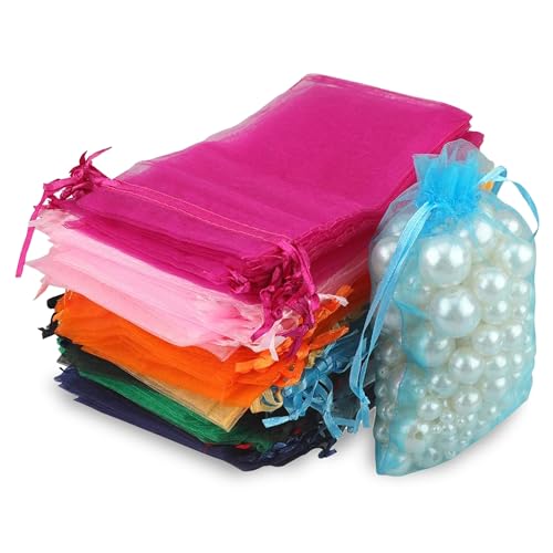 WedDecor 100 Stück gemischte Farben Organzabeutel 7 cm x 9 cm kleine Geschenktüten mit Kordelzug für Schmuck, Geburtstag, Ostern, Weihnachten, Hochzeit, Party, Geschenktüten von WedDecor