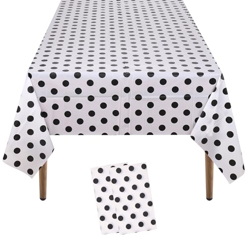 WedDecor 137 x 274 cm rechteckige weiße gepunktete Tischdecken Kunststoff-Tischdecke Wachstuch-Tischdecke wasserdichte Einweg-Tischdekorationen für Zirkus-Party-Dekor, Hochzeiten, 2 Stück von WedDecor