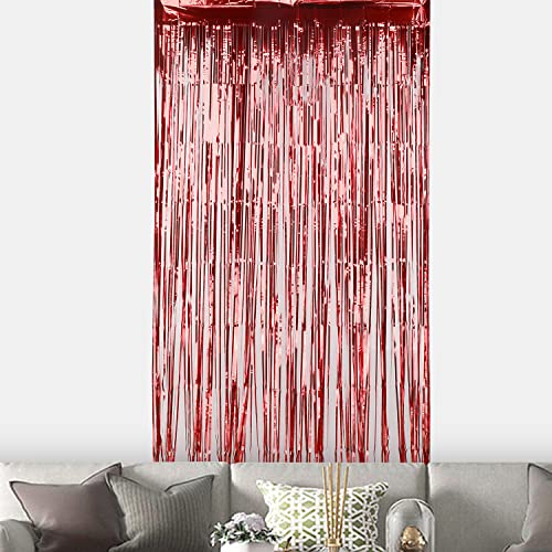 WedDecor 91 x 2 m rote Lametta-Folien-Fransenvorhänge, Glitzer-Metallic-Lametta-Vorhänge, hängende Luftschlangen für Geburtstagsparty-Dekoration, Hochzeitsfoto-Hintergrund, Babyparty, 1 Packung von WedDecor