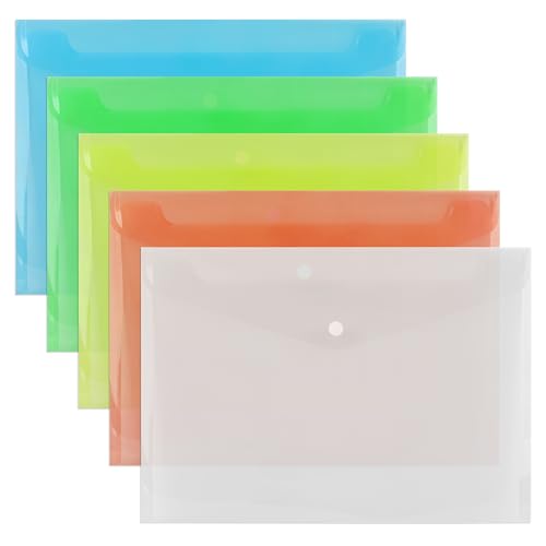 WedDecor A4-Dokumentenmappen, Kunststoff, 5 verschiedene durchscheinende Farben und 33,4 cm × 23,6 cm, Polypropylen-Druckknopfverschluss, 5 Stück von WedDecor