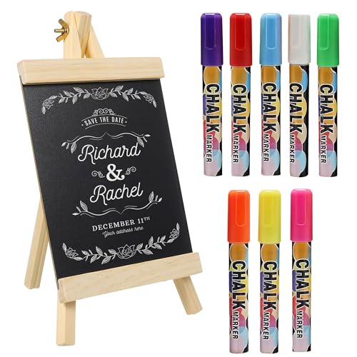 WedDecor Abwischbare schwarze Kreidetafel mit Staffelei – rechteckiges Tafelschild (16 cm x 16 cm, Staffelei 25 cm) mit 8 waschbaren Neon-Kreidestiften – löschbare hölzerne Nachrichtentafel für Kinder von WedDecor
