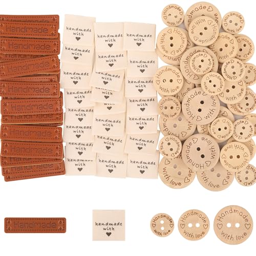 WedDecor Bastelset - 350 handgefertigte Etiketten & Knöpfe, 150 Holz-Bastelknöpfe, 100 PU-Leder-Etiketten, 100 Stoffanhänger zum Stricken, Häkeln, Nähen, Kleidung, Taschen von WedDecor