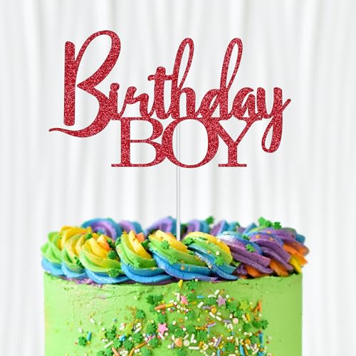 WedDecor Birthday Boy Cake Topper, Glitter Cupcake Toppers Cake Picks Party Supplies For Boys Sons Theme Birthday Party Celebration Desserts Cake Decoration, Red von WedDecor