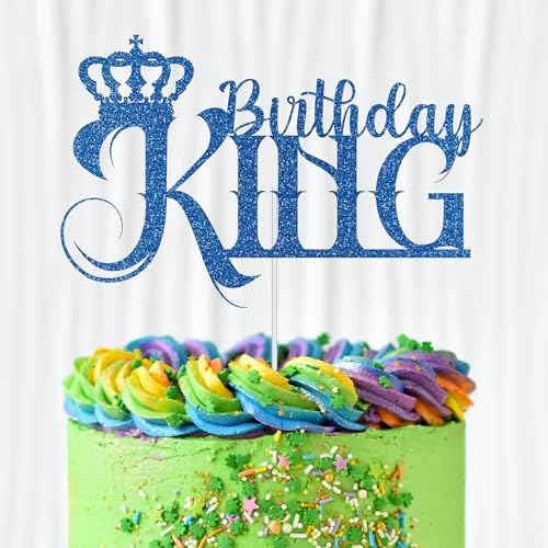 WedDecor Birthday King Cake Topper, Glitter Cupcake Toppers Cake Picks Party Supplies For Men Dads Theme Birthday Party Celebration Desserts Cake Decoration, Blue von WedDecor