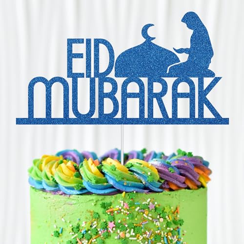 WedDecor Eid Mubarak Glitzer-Kuchenaufsatz, Festival-Kuchenaufsätze, für islamische Gebete, Ramadan-Kareem-Kuchen-Iftar-Dekorationen, Eid-Cupcake-Topper, islamisches Partyzubehör, Blau von WedDecor