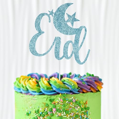 WedDecor Eid Mubarak Glitzer-Kuchenaufsatz, Festival-Kuchenspieße von EID Mond und Stern, Ramadan-Kareem-Kuchen-Iftar-Dekorationen, Eid-Cupcake-Topper, islamisches Partyzubehör, Babyblau von WedDecor