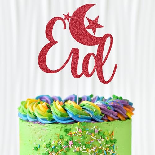 WedDecor Eid Mubarak Glitzer-Kuchenaufsatz, Festival-Kuchenspieße von EID Mond und Stern, Ramadan-Kareem-Kuchen-Iftar-Dekorationen, Eid-Cupcake-Topper, islamisches Partyzubehör, rot von WedDecor
