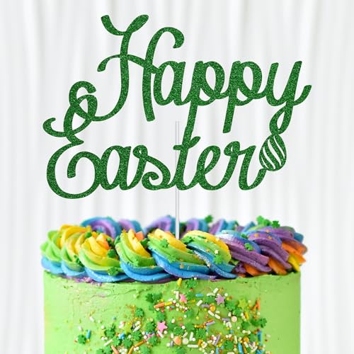 WedDecor Happy Easter Tortenaufsatz mit grünem Glitzer, Osterei, Cupcake-Picks, Happy Spring Oster-Thema, Kuchenpicker für Kindergeburtstag, Babyparty, Partyzubehör, Dekoration von WedDecor