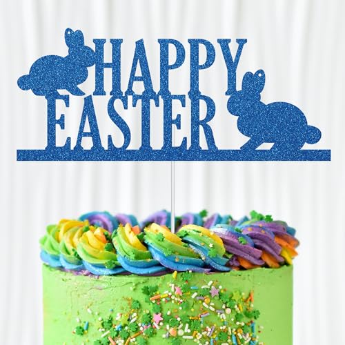 WedDecor Kuchenaufsatz "Happy Easter", Blau, glitzernd, zwei Hasen, Osterei, Cupcake-Picks, Happy Spring Ostern, für Kindergeburtstag, Babyparty, Partyzubehör, Dekoration von WedDecor