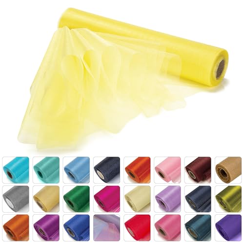 WedDecor Organza-Rollstoff, Tüll-Stoffrolle, dekoratives Tuch für Stuhlbogen, Tischläufer, Bandfloristik, Schärpe, Party-Deko, DIY-Handwerk — 25mx29cm, Gelb von WedDecor