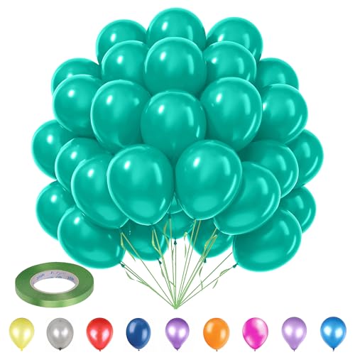 WedDecor Party-Luftballons, 25,4 cm, Grün (50 Stück) mit Ballonband, tiefgrün, 5 mm x 10 m (1 Stück), Party-Ballons und Bänder, Set für Hochzeit, Jahrestag, Babyparty, Geburtstagsdekorationen von WedDecor