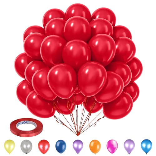 WedDecor Party-Luftballons, 25,4 cm, Rot (25 Stück) mit Ballonband, rot, 5 mm x 10 m (1 Stück), Party-Ballons und Bänder, Set für Hochzeit, Jahrestag, Babyparty, Geburtstagsdekorationen von WedDecor
