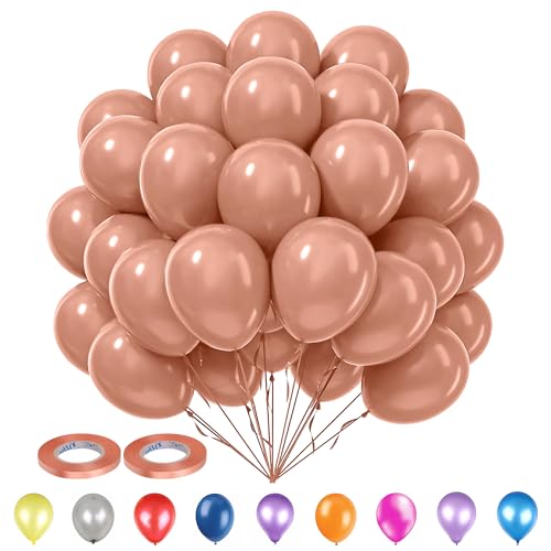 WedDecor Party-Luftballons, 25,4 cm, Rotgold (100 Stück) mit Ballonband, Roségold, 5 mm x 10 m (2 Stück), Party-Ballons und Bänder, Set für Hochzeit, Jahrestag, Babyparty, Geburtstagsdekorationen von WedDecor