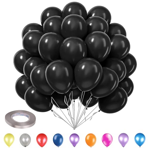 WedDecor Party-Luftballons, 25,4 cm, Schwarz (50 Stück) mit Ballonband, silberfarben, 5 mm x 10 m (1 Stück), Party-Ballons und Bänder, Set für Hochzeit, Jahrestag, Babyparty, Geburtstagsdekorationen von WedDecor