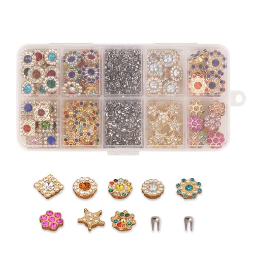 WedDecor Strass-Knopf-Set mit Kristallsteinen, Blumen, Sternen, Quadraten und silberfarbenen Kuppel-Spike-Nieten für DIY Handwerk & Kleidungsverzierung - 100 Stück von WedDecor