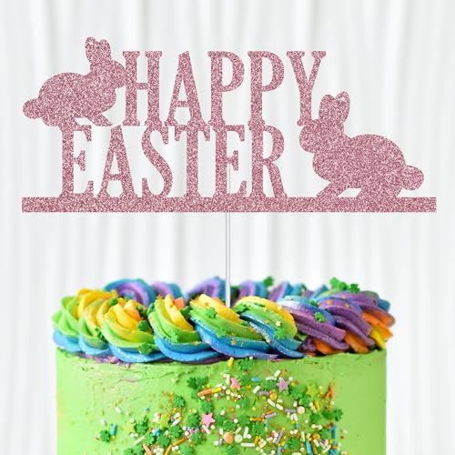WedDecor Tortenaufsatz "Happy Easter", Rosa, Glitzer, zwei Hasen, Osterei, Cupcake-Picks, Happy Spring Ostern, für Kindergeburtstag, Babyparty, Partyzubehör, Dekoration von WedDecor