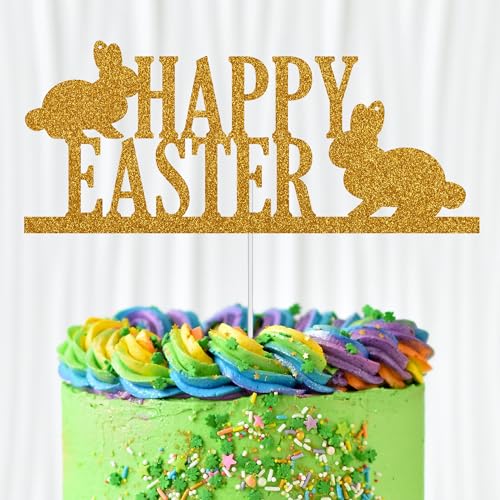WedDecor Tortenaufsatz "Happy Easter", goldfarben, glitzernd, zwei Hasen, Osterei, Cupcake-Picks, Happy Spring Ostern, Kuchenpicker für Kindergeburtstag, Babyparty, Partyzubehör, Dekoration von WedDecor