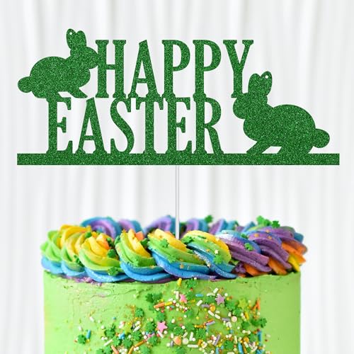 WedDecor Tortenaufsatz "Happy Easter", grün, glitzernd, zwei Kaninchen, Osterei, Cupcake-Picks, Happy Spring Ostern, für Kindergeburtstag, Babyparty, Partyzubehör, Dekoration von WedDecor