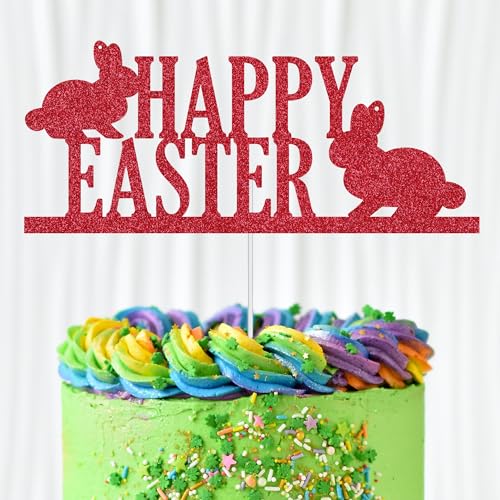 WedDecor Tortenaufsatz "Happy Easter", roter Glitzer, zwei Hasen, Osterei, Cupcake-Picks, Happy Spring Ostern, für Kindergeburtstag, Babyparty, Partyzubehör, Dekoration von WedDecor
