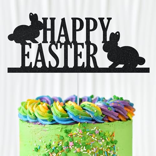 WedDecor Tortenaufsatz "Happy Easter", schwarzer Glitzer, zwei Hasen, Osterei, Cupcake-Picks, Happy Spring Ostern, für Kindergeburtstag, Babyparty, Partyzubehör, Dekoration von WedDecor