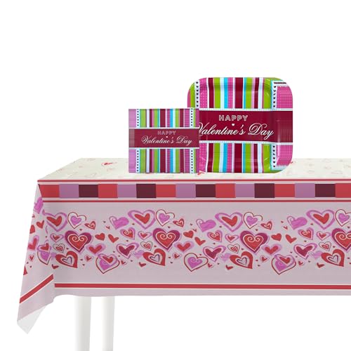 WedDecor Valentinstag Party Geschirr Set - Tischdecke, Papierservietten & Einweggeschirr - Romantisches Herz Design für Valentinstag Feiern 29pcs von WedDecor