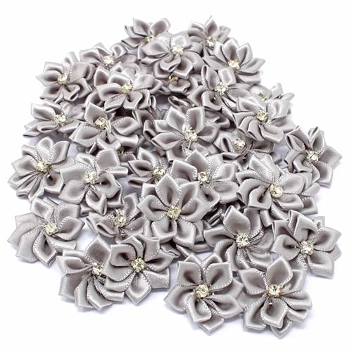 Blüten für Bastelarbeiten aus grauem Satinband mit Strass-Stein in der Mitte, Größe: 25 mm, Textil, grau, 25-30mm von Wedding Touches
