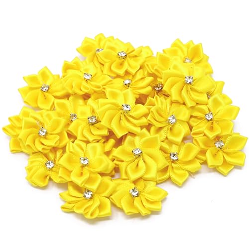 Satinband-Blumen mit Strass in der Mitte, 25 mm, Gelb, 10 Stück von Wedding Touches
