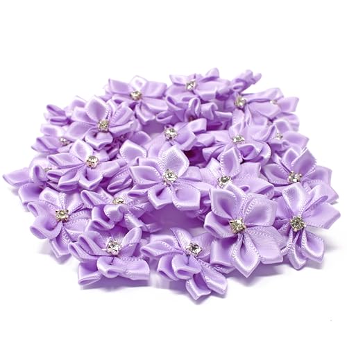 Satin-Blumen mit Strass-Stein in der Mitte, für Kunsthandwerke, 25 mm, fliederfarben, Textil, violett, 25-30mm von Wedding Touches