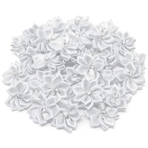Satinband-Blumen, mit Strassstein in der Mitte, handgemacht, Weiß, 25 mm, Textil, weiß, 25-30mm von Wedding Touches