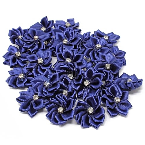 Satinband-Blumen mit Strass-Mitte, marineblau, 25 mm, Textil, blau, 25-30mm von Wedding Touches