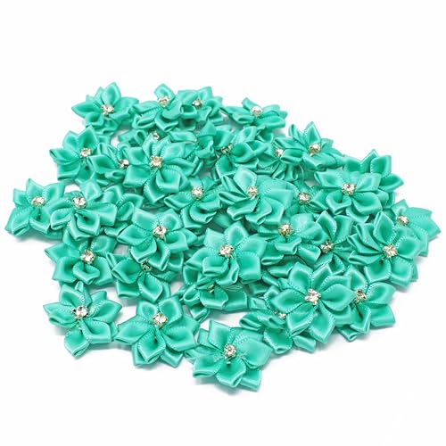 Satinband-Blumen mit Strasssteinen in der Mitte, Türkis, 25 mm, 25 Stück von Wedding Touches