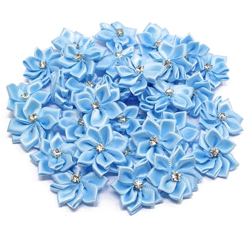 Satinband mit Blumen mit Strass in der Mitte, Hellblau 25 mm , Textil, blau, 25-30mm von Wedding Touches