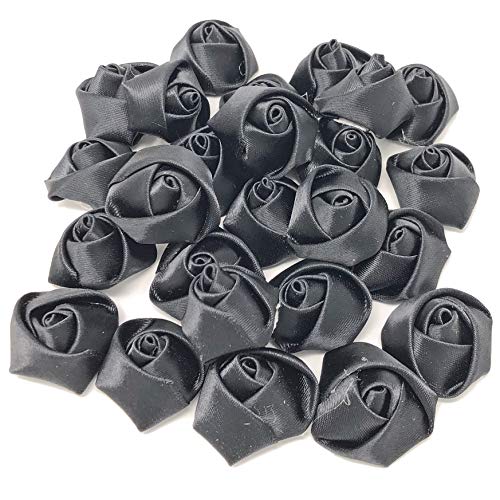 Schwarze 25 mm große Rosen aus Satinband mit Filzrückseite und flacher Rückseite, 25 Stück von Wedding Touches