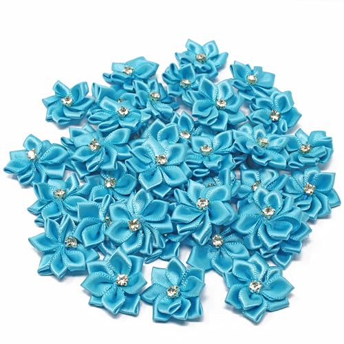 Satinband-Blumen mit Strasssteinen in der Mitte, 25 mm, Blau, 25 Stück von Wedding Touches