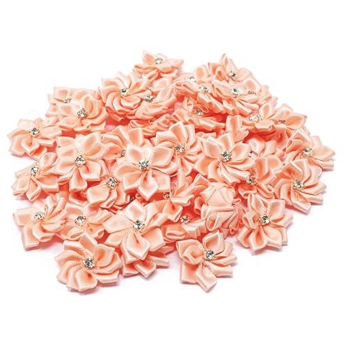 Wedding Touches Satinband-Blumen mit Strass-Mitte, zum Basteln, 25 mm, pfirsichfarben, Textil, Orange, 25-30mm von Wedding Touches