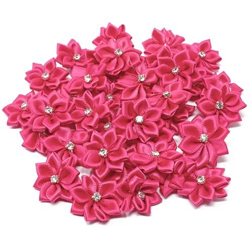 Satinband-Blumen mit Strasssteinen in der Mitte, Fuchsienrosa, 25 mm, 10 Stück von Wedding Touches
