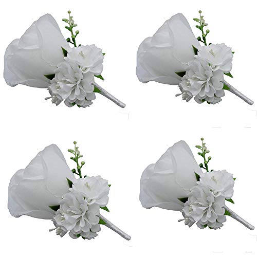 WeddingBobDIY Boutonniere Knopflöcher Bräutigam Trauzeugen Trauzeugen Rose Hochzeit Blumen Zubehör Abschlussball Anzug Dekoration (4, weiß) von WeddingBobDIY