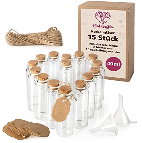 WeddingTree 15x Mini Glasflaschen mit Korken 40ml - Kleine Glasflaschen zum Befüllen - Reagenzglas mit Korken Glas für Hochzeit - Gewürzgläser klein - Mini Gläser mit Korken als Gastgeschenke Hochzeit WeddingTree 15x Mini Glasflaschen mit Korken 40ml - Kleine Glasflaschen zum Befüllen - Reagenzglas mit Korken Glas für Hochzeit - Gewürzgläser klein - Mini Gläser mit Korken als Gastgeschenke Hochzeit von WeddingTree