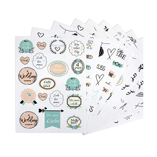 WeddingTree 199 x Sticker Hochzeit Gästebuch 10 Blatt A5 - Aufkleber Gästebuch Hochzeit Sticker - Sticker Fotobuch – Hochzeitsdeko - Hochzeit Sticker Gästebuch - auch für Karten Geschenke und DIY von WeddingTree