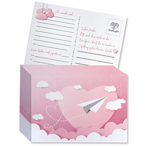 WeddingTree 50 Ballonkarten Hochzeit Vintage - Pinker Flieger Design - Ballonflugkarten für Hochzeit - Extra leicht für langen Flug - Gelocht von WeddingTree