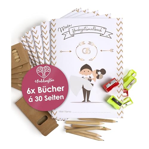 WeddingTree 6x Hochzeitsmalbuch - Malbuch für Kinder mit Buntstifte und Anspitzer – Gastgeschenke Hochzeit - Beschäftigung Hochzeit- Hochzeitsmalbuch von WeddingTree