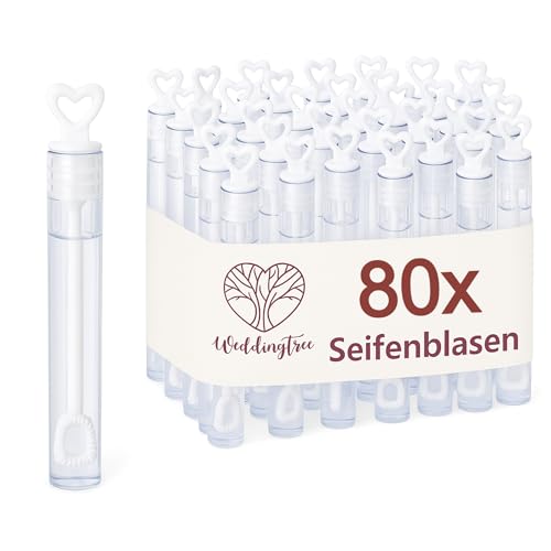 WeddingTree Seifenblasen Hochzeit 80 Stück in Weiß - mit Herzgriff - herzallerliebst für Hochzeit Taufe Geburtstag Goldene Hochzeit Verlobung Valentinstag Gastgeschenk Party von WeddingTree