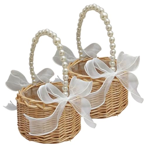 Wedhapy Rattan Korb Blumenmädchen Korb 2er Set Rattan Blumenkorb mit Perlengriff und Schleife dekorative Blumenmädchen Körbe für Hochzeitszeremonien Typ 1 von Wedhapy